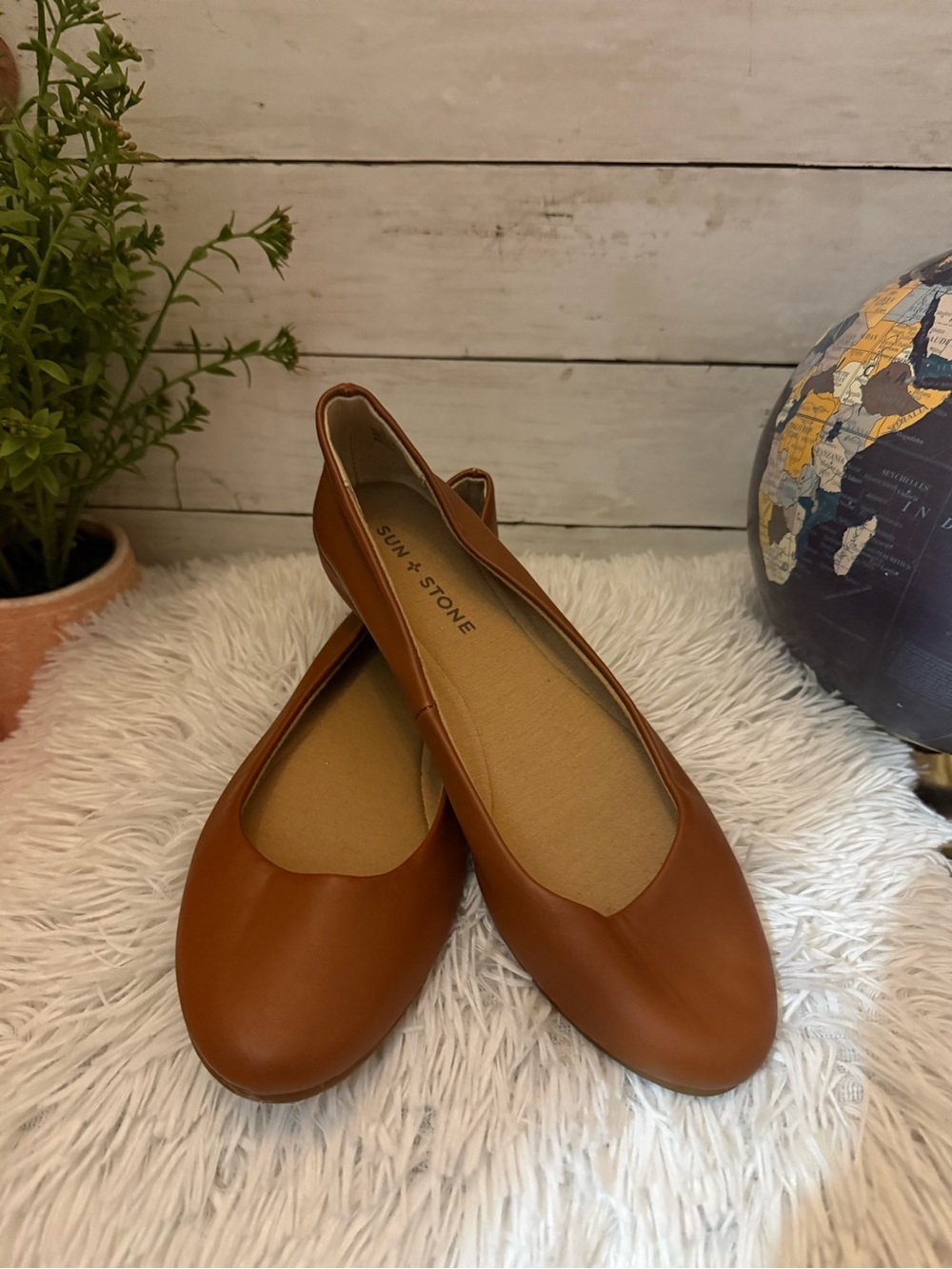 Sun + Stone Women's Cognac Leather Ballet Flats - Picture 2 of 3